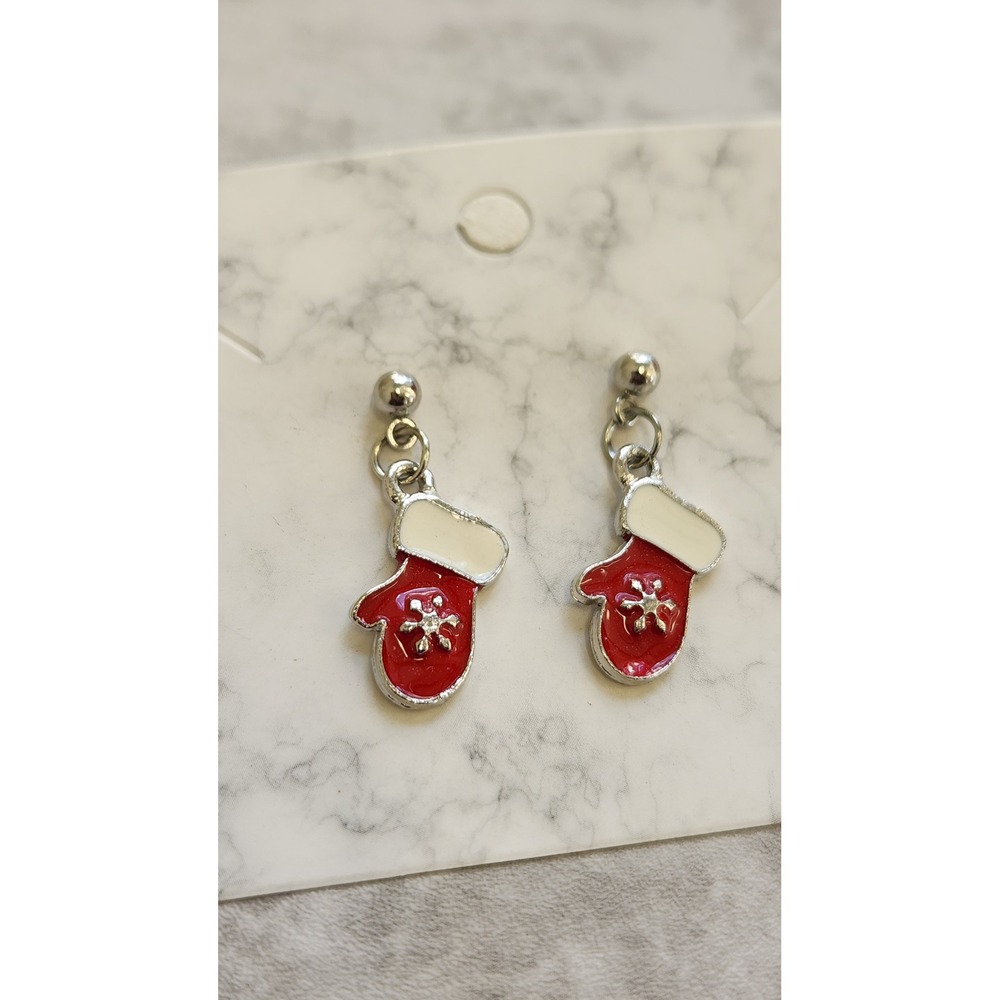 Red Enamel Mitten Snowflake Drop Earrings Silver Tone Holiday Christmas Festive